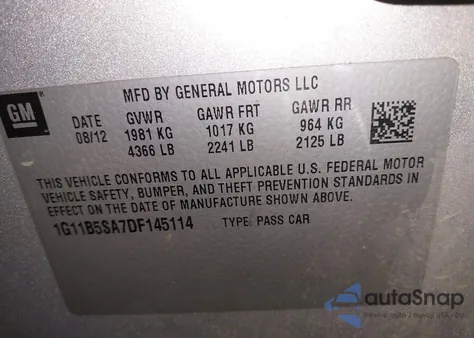 2013 Chevrolet Malibu 1Ls from USA, damaged, VIN 1G11B5SA7DF145114